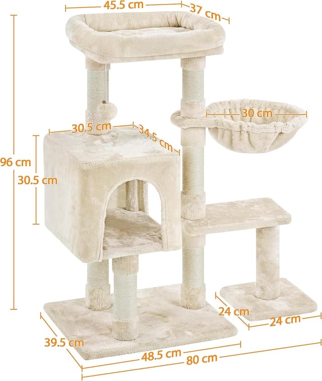 Detalle de Yaheetech Multi-Level Cat Tree (96cm) with Large Condo Top Platform, Jangling Bell & Sisal Scratching Posts – Beige