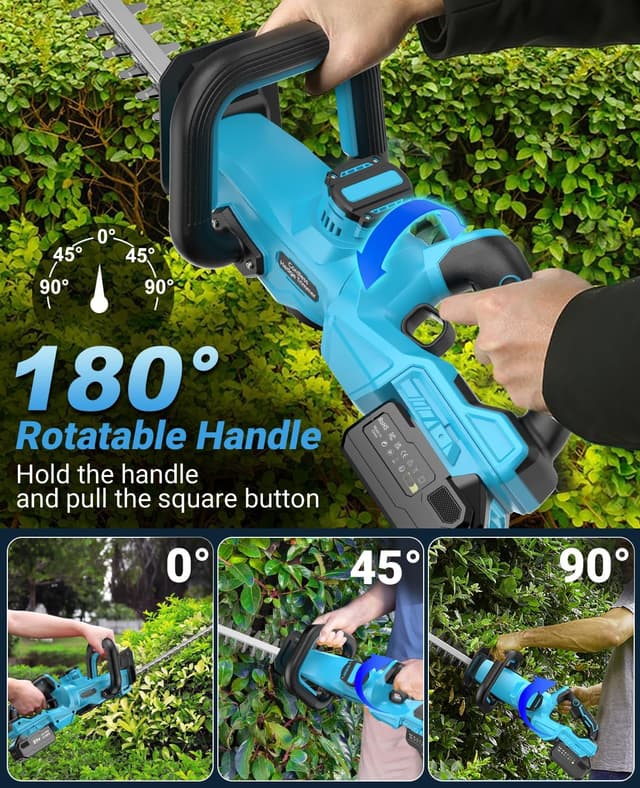 Detalle 2 de LEEIKOO Cordless Hedge Trimmer with 51cm Dual Action Blades, 4000mAh Battery & 180° Adjustable Handle