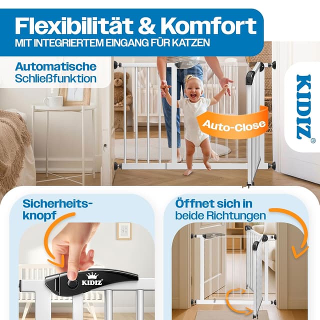 Detalle de KIDIZ Treppenschutzgitter ohne Bohren – verstellbare Breite 81–87 cm, 75 cm hoch, Türschutz- und Absperrgitter mit 90° Open-Stop