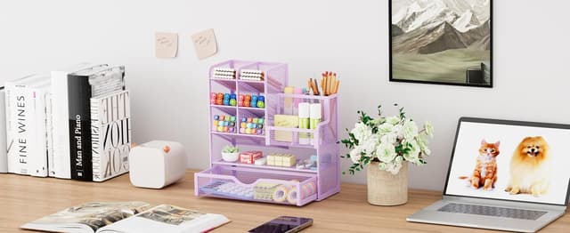 Detalle de Marbrasse Organizer Scrivania in Rete con scomparti inclinabili e cassetto, viola