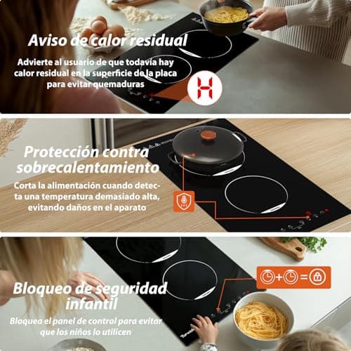Detalle de Topwish placa vitrocerámica 2 fuegos encastrable de 30 cm (3000 W) con control táctil, temporizador y seguridad