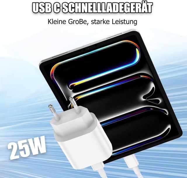 Detalle 2 de 2er-Set 25W USB‑C Ladegerät für iPad & iPhone + 2m USB‑C Kabel (PD 3.0) – Schnelles Laden für unterwegs