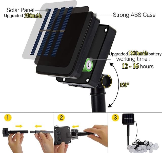 Detalle 2 de IIHome 90 LED 50 ft solar powered garden string lights (warm white) — IP65 waterproof crystal ball style