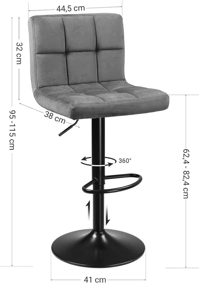 Detalle de Songmics Sgabelli da Bar da Cucina, set di 2 con velluto, altezza regolabile, schienale e poggiapiedi, grigio scuro