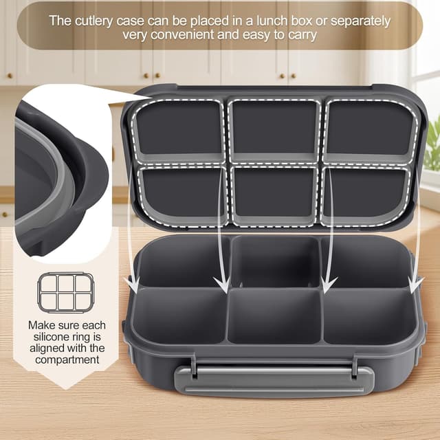 Detalle 2 de Amathley Bento-Brotdose für Kinder und Erwachsene mit 6 Fächern, 1.200 ml – auslaufsicher inkl. Soßenbecher, Obstgabeln und Muffinförmchen (Dunkelgrau)