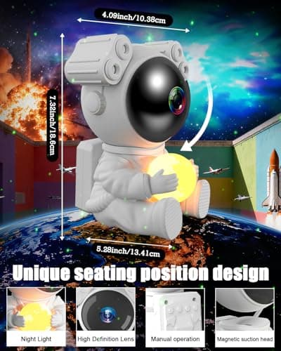 Detalle de MYSTILUCK Proyector de estrellas con astronauta y lámpara lunar, temporizador y mando a distancia