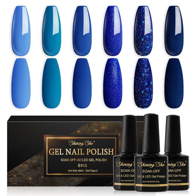 Detalle de Shining She UV Gel-Nagellack Blau Set (6 Farben) – Glitzer & Marineblau, Soak-Off für DIY & Salon