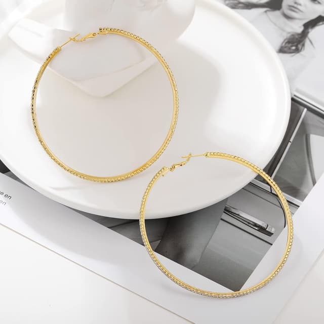 Thumbnail 6 de MOROTOLE 14K Gold Strass Creolen – große Rhinestone Hoop Ohrringe (20–70 mm), hypoallergen