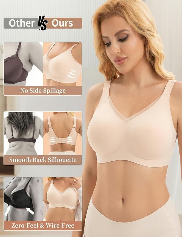 Detalle de PoseFree Wireless Seamless Jelly Bra with V-Mesh (No Underwire) – Full Coverage T-Shirt Comfort