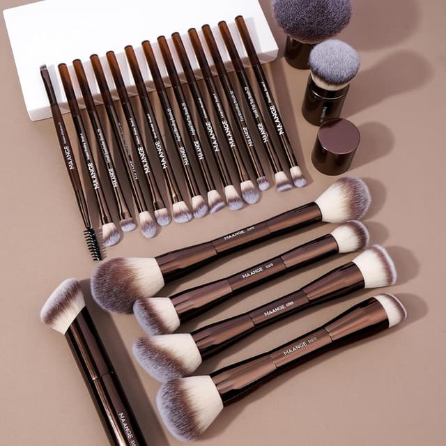 Detalle de MAANGE 20-Piece Foundation & Eye Makeup Brush Set with Double-Ended Kabuki Brushes (Coffee)