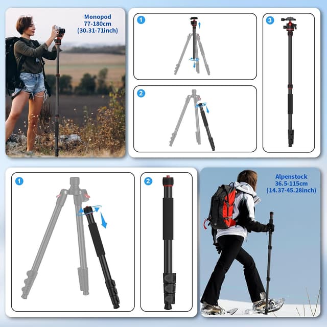 Detalle de XXZU 74” Camera Tripod (Aluminium) with 360° Ball Head, Quick Release Plate, Phone Holder – Tripod/Monopod