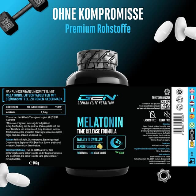 Detalle 2 de GEN German Elite Nutrition Melatonin Time Release – 365 Lutschtabletten mit Zitronengeschmack (0,5 mg) und Sepismart® SR
