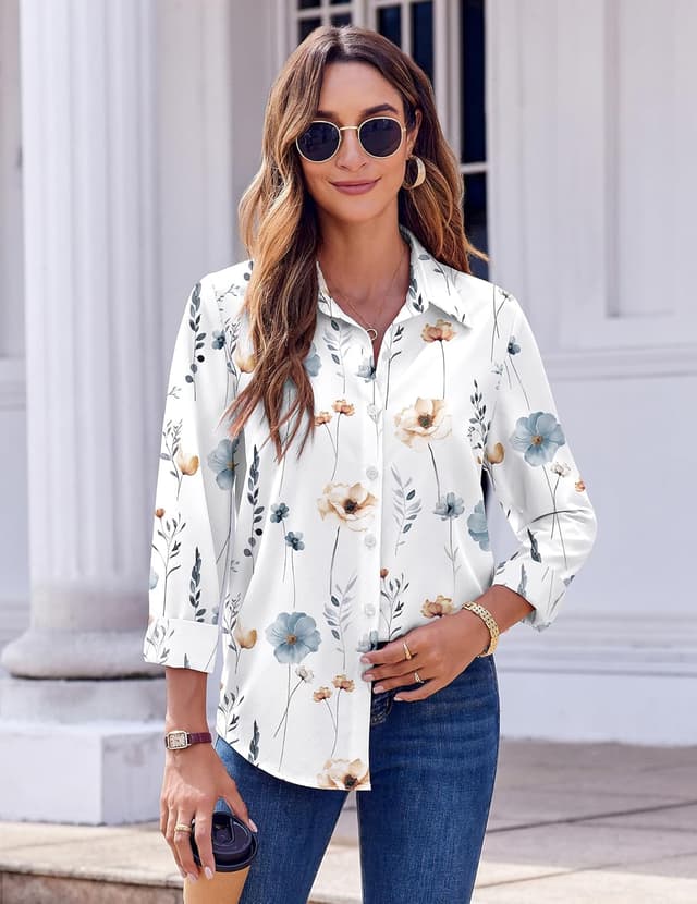 Detalle 2 de Zeagoo Button Down Floral Blouse Long Sleeve