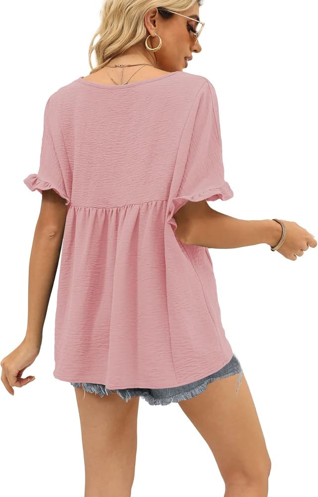Detalle 2 de WIHOLL Women’s V-Neck Ruffle Sleeve Babydoll Peplum Top (Casual Loose Fit)