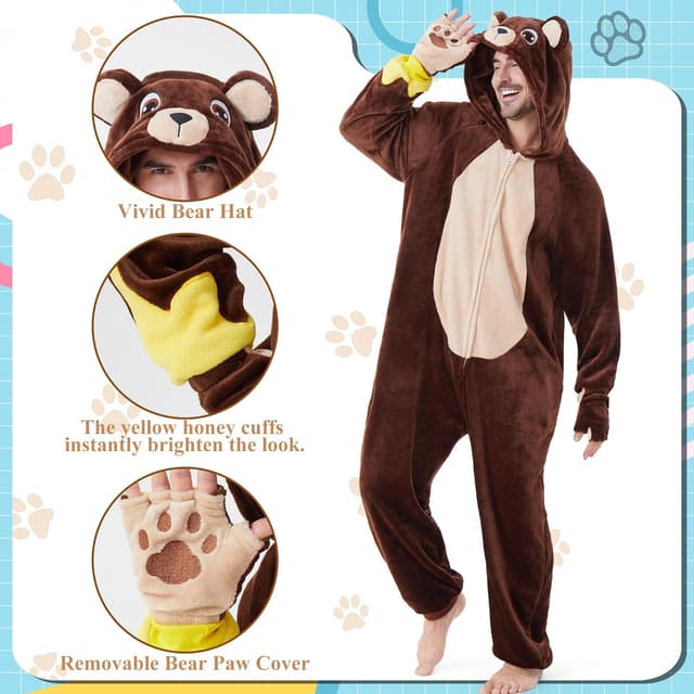 Detalle de Costume onesie adulte Ezuwail en forme d’ours, avec capuche et fermeture éclair dissimulée