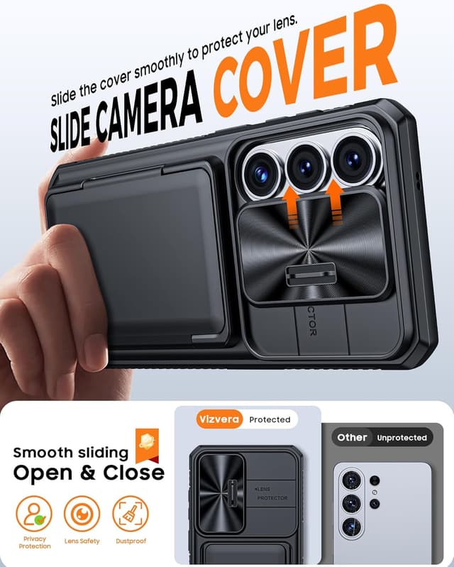Detalle 2 de Vizvera Galaxy S26 Ultra Case with Sliding Camera Cover, Card Wallet & RFID Protection (Black)