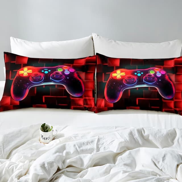 Detalle de Homewish boys gaming bedding double bed set with galaxy gamepad duvet cover and 2 pillowcases (red neon geometric)