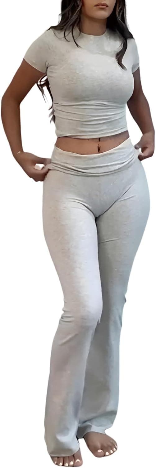 Thumbnail 6 de YETOWA Women’s 2-Piece Lounge Outfit Set: Slim Short-Sleeve Top & Low-Rise Flare Leggings