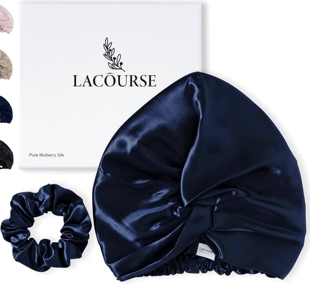 Detalle de LaCourse verstellbare Schlafhaube aus 100% Maulbeerseide (22 Momme, 6A) in Blau – mit rutschfestem Gummiband