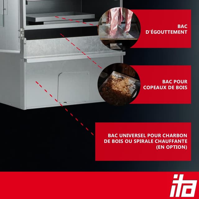 Detalle 2 de ITA Fumoir Électrique 7000 : ensemble smoker à 3 niveaux avec chauffage, générateur de fumée et fenêtre