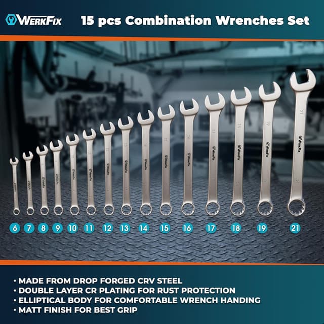 Detalle de S&R Werkfix Professional Metric Combination Spanner Set (15 pcs) 6–21 mm with Thin Ring Profile & Roll-Up Bag