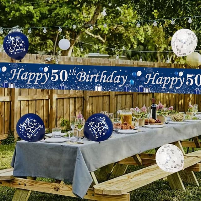 Detalle de Happy 50th Birthday Decorations for Him (Blue & Silver) – Banners, bunting, swirls, balloons & confetti set
