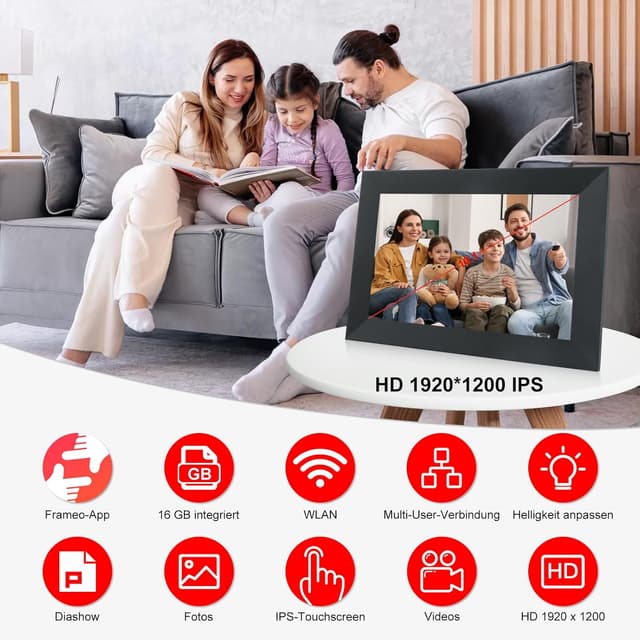 Detalle de Frameo WiFi digitaler Bilderrahmen 10,1 Zoll (1920×1200) mit IPS-HD-Touchscreen und 16 GB Speicher – Schwarz