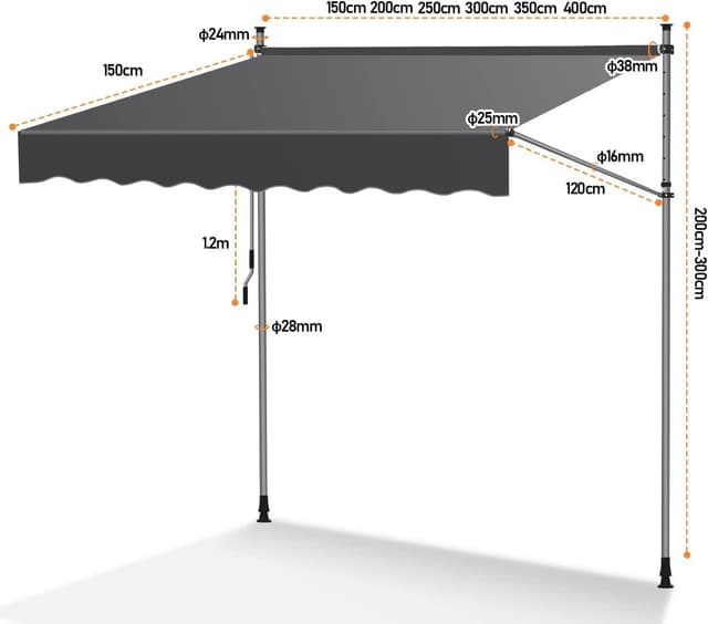 Thumbnail 6 de Eulenke Klemmmarkise Balkonmarkise 400 cm – Markise ohne Bohren mit Handkurbel, grau