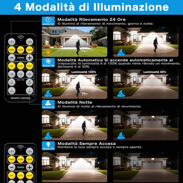 Detalle 2 de JADIDIS faro LED da esterno 30W con sensore di movimento e telecomando (IP65) – 3600 lm, 4 modalità