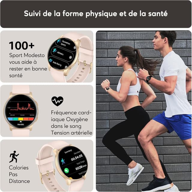 Detalle de AcclaFit Montre connectée ronde 1,38" pour Femme/Homme avec appel Bluetooth, 147+ modes sport et suivi santé