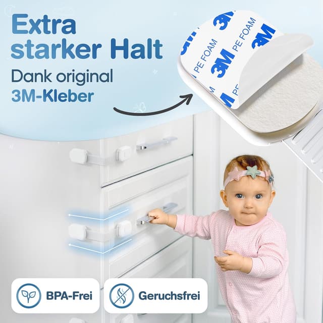 Detalle de ADLERSFELD® 10er Kindersicherung für Schränke (schrank kindersicherung, mit 3M Kleber)