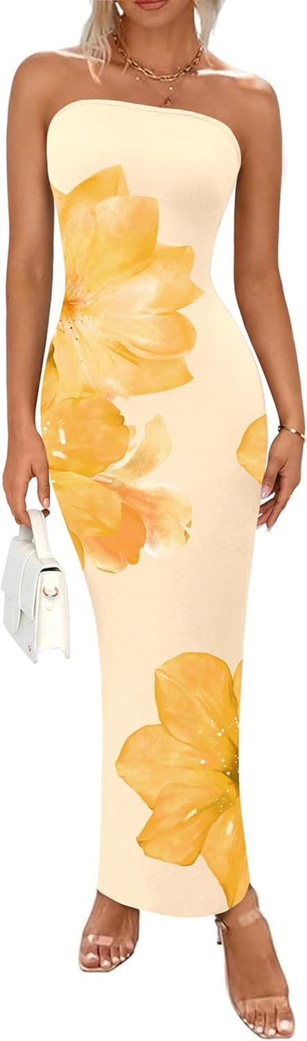 Detalle de PRETTYGARDEN Women’s Strapless Floral Maxi Dress (Mesh, Bodycon, Slit)