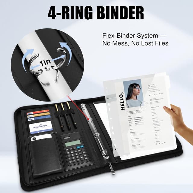 Detalle 2 de Leathario A4 Portfolio Folder with Handle (Vegan Leather) and 4-Ring Document Holder