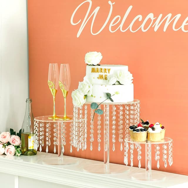 Detalle 2 de LANLONG Crystal Cake Stand Set (3 pcs) – Clear Acrylic Round Cake & Cupcake Stands for Weddings, Birthdays & Parties