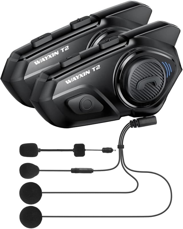 Detalle 2 de WAYXIN T2 Motorrad-Headset mit Gegensprechanlage für 2 Personen (bis 300 m) und Sprachassistent