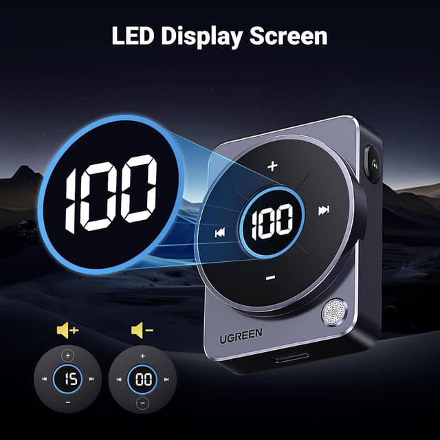 Detalle de UGREEN Aux Bluetooth 5.4 Adapter for Car with 3.5mm Jack, LED Display & Hands-Free Calling