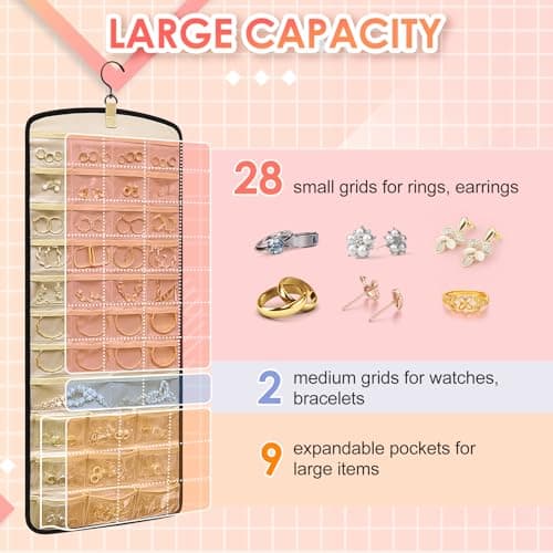 Detalle de Kisvic organizador de joyas colgante doble cara con gancho de metal y giro 360°