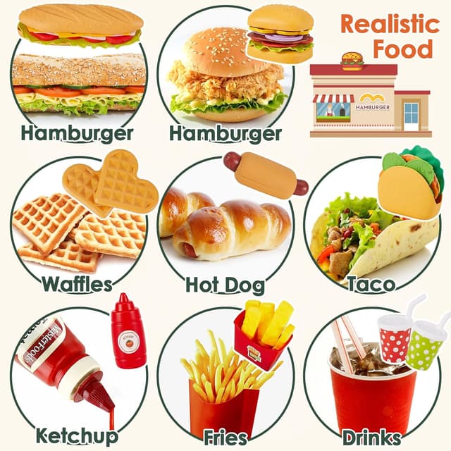 Detalle de BUYGER Pretend Play Toy Food Sets for Kids (Take Apart Hamburger, Fast Food Accessories) with Tray