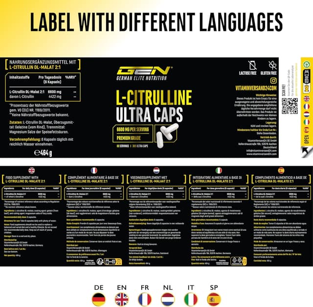 Thumbnail 6 de L-Citrullin Ultra Caps von German Elite Nutrition – 365 Kapseln mit 1.100 mg L-Citrullin DL-Malat (2:1)