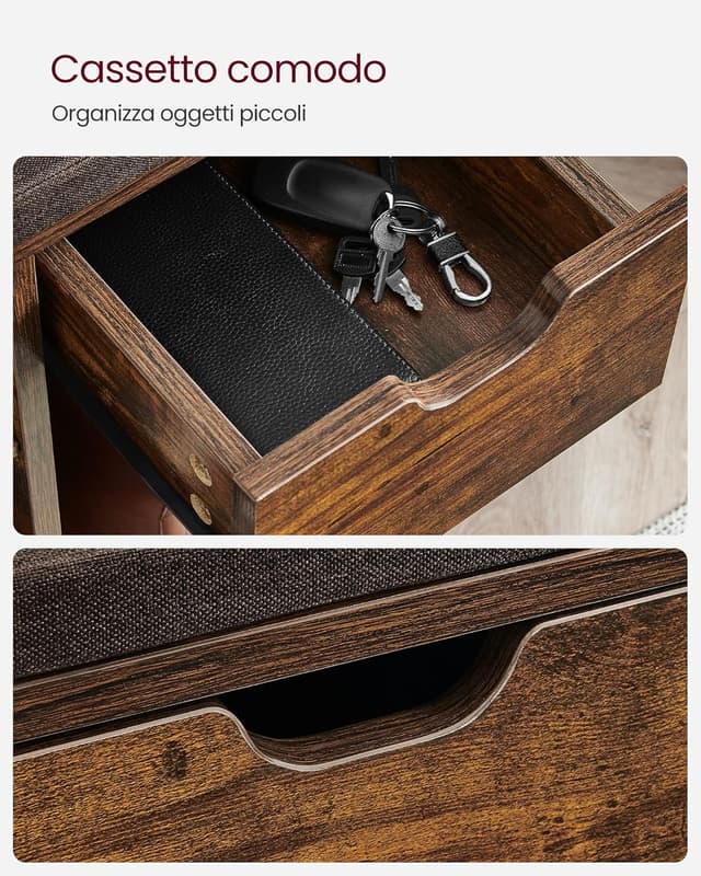 Detalle de VASAGLE Panca Scarpiera con contenitore e cassetto LHS024T01, seduta imbottita marrone vintage