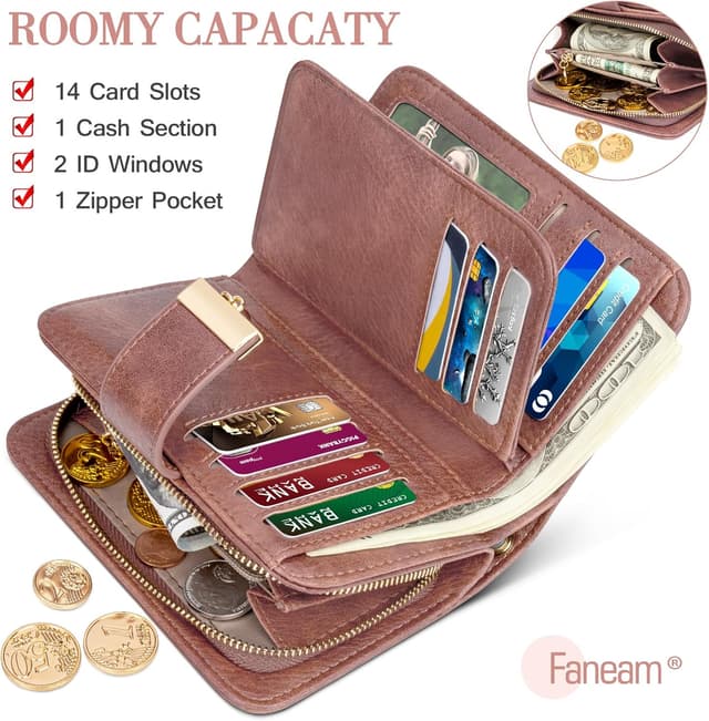 Detalle 2 de Faneam Damen-Geldbörse aus Leder mit RFID-Schutz, klein, mit 14 Kartenfächern und Reißverschluss-Münzfach