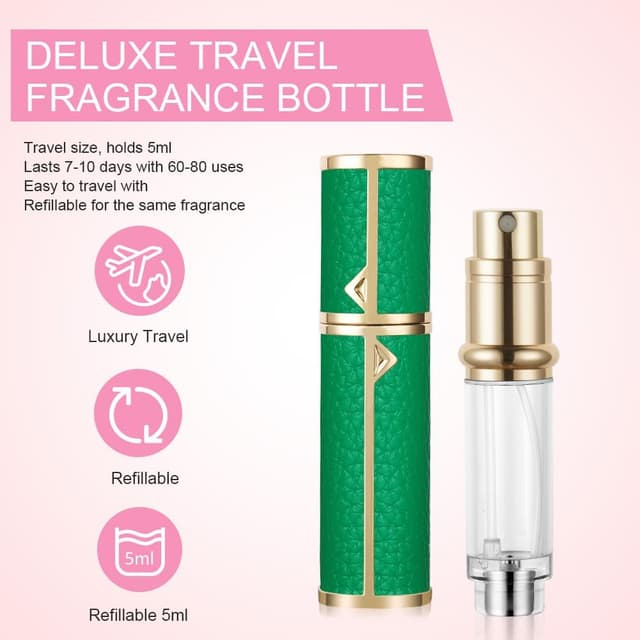 Detalle de LOPHE flacone spray profumo da viaggio 5 ml con ricarica e nebulizzatore in PU motivo litchi (verde)