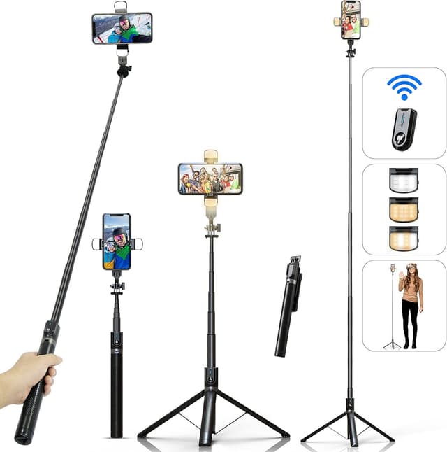 Detalle de ASHINER 180cm Selfie Stick Phone Tripod with Remote and LED Fill Lights