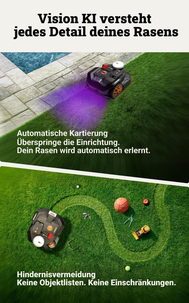 Detalle de WORX Landroid Vision Cloud WR306E 2WD Mähroboter für bis zu 600 m² – ohne Begrenzungskabel (RTK Cloud, KI-Hinderniserkennung)
