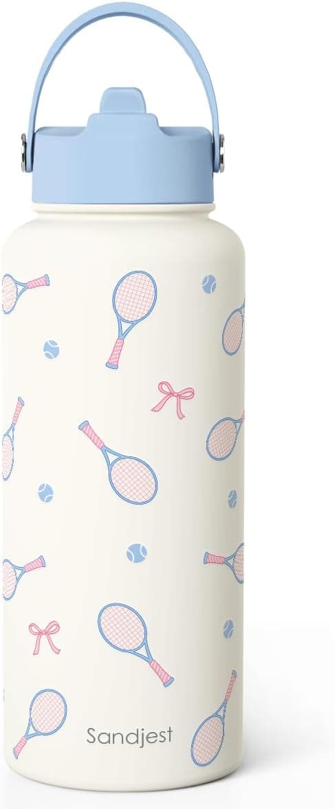 Detalle de Tennis 32oz Stainless Steel Water Bottle with Lid & Straw — Insulated Sport Bottle for Gym, School, and Days Out
