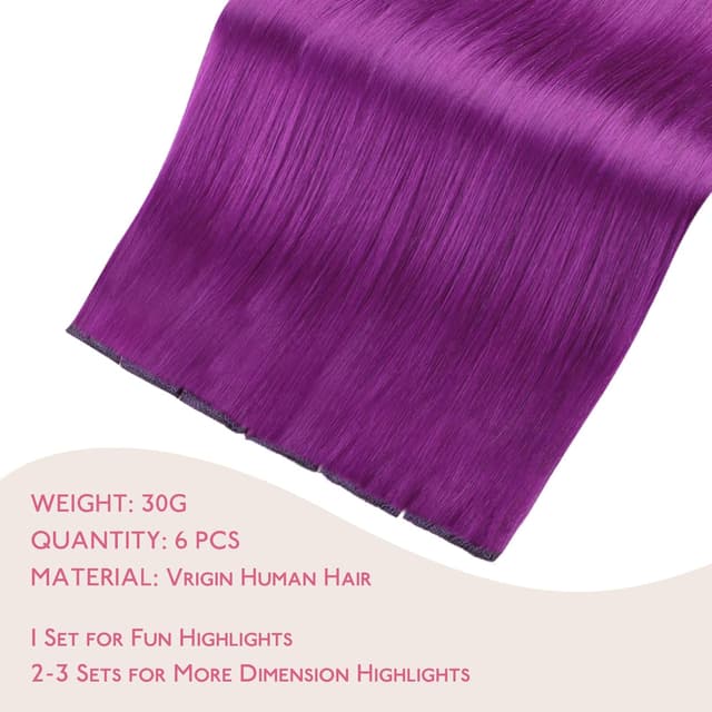 Detalle de WENNALIFE Lila Clip-in Extensions aus Remy-Echthaar (40 cm, 6 Stück/30 g)