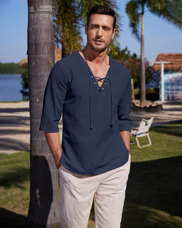 Detalle de YAOBAOLE Chemise homme manches 3/4 coton lin vintage médiéval à lacets