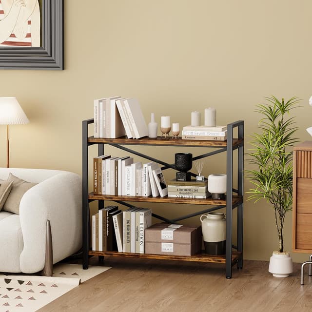 Thumbnail 6 de 3-Tier Bookshelf 31.49" Width Wood & Metal Etagere Bookcase (Rustic Brown) — 3-tier storage rack