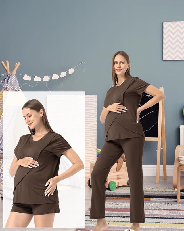 Detalle de SUNNYBUY 3-teiliges Stillpyjama-Set (Stilloberteil, Stillshorts, lange Stillhose) für die Zeit nach der Geburt