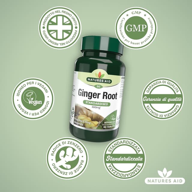 Detalle 2 de Natures Aid Racine de gingembre 500 mg – 90 comprimés végétaux (complément alimentaire, Vegan Society)